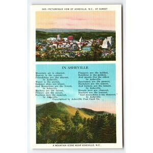 Vintage Linen Postcard Asheville NC Sunset & Mountain Scene 1940s